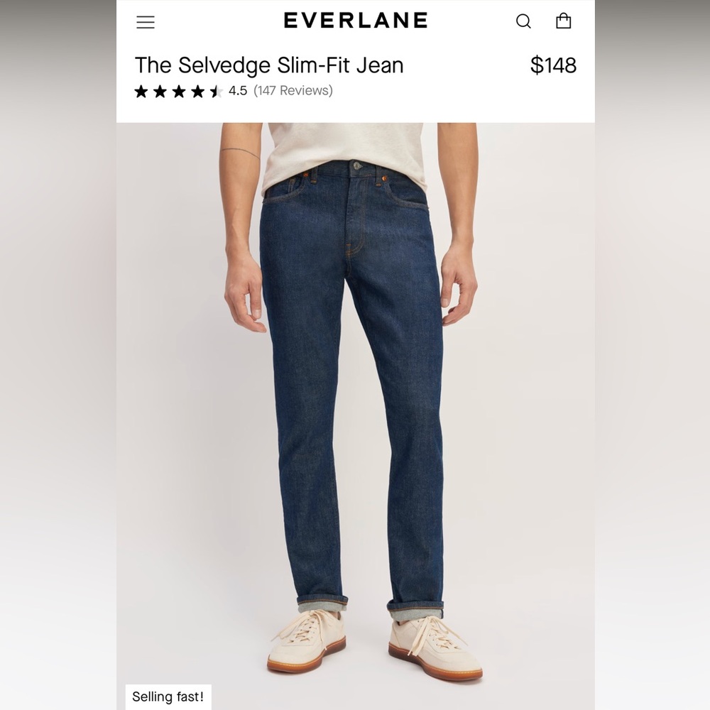 NWT Everlane Selvedge Slim Fit Jean in Indigo Rinse